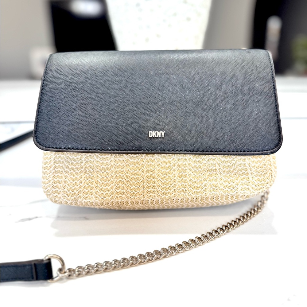 DKNY Straw And Leather Chain Crossbody Bag Black Natural